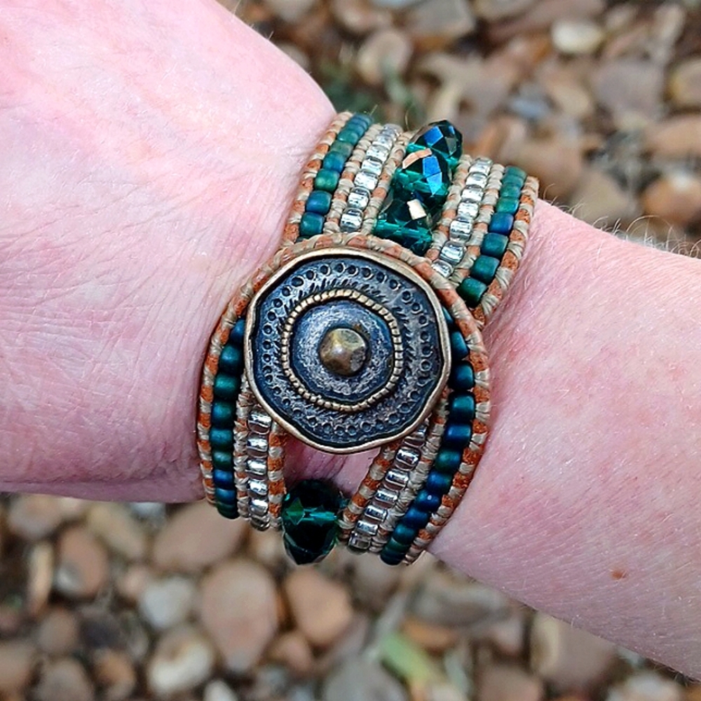 One Of A Kind Handmade Real Leather Bronze Emerald Glass Beaded Cuff Bracelet